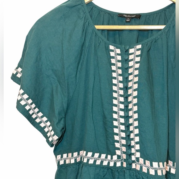 Madewell Green Embroidered Linen-Blend Flutter-Sleeve Mini Dress Size L - Picture 9 of 14